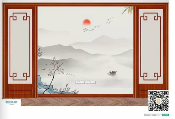 廠價(jià)熱賣鑫順來(lái)DQ-04掃碼中式電視墻，掃二維碼看裝修風(fēng)格