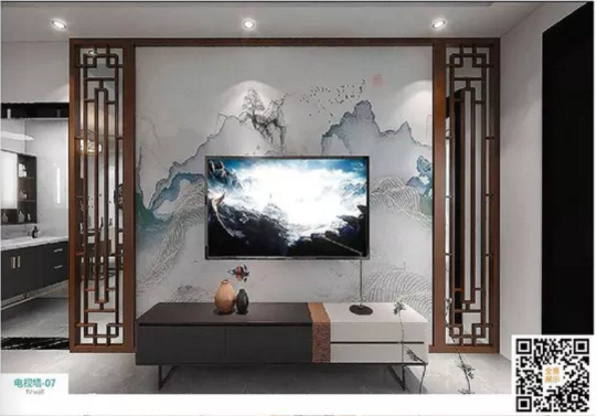 廠價(jià)新款鑫順來(lái)DQ-07掃碼中式格子電視墻，掃二維碼看裝修風(fēng)格